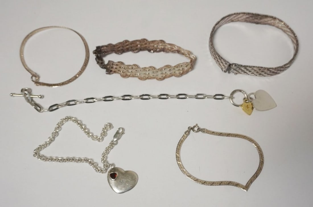 STERLING SILVER BRACELETS: 6 STERLING SILVER BRACELETS, 2.2 TOZ