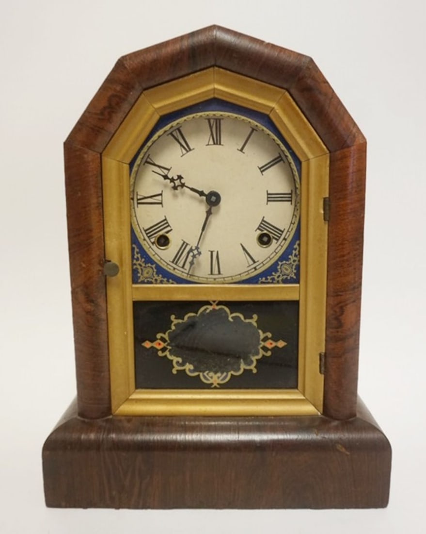 GILRICH MANTLE CLOCK: GILRICH MANTLE CLOCK, APPROXIMATELY 10 IN X 5 IN X 14 IN H, MINUTE HAND LOOSE