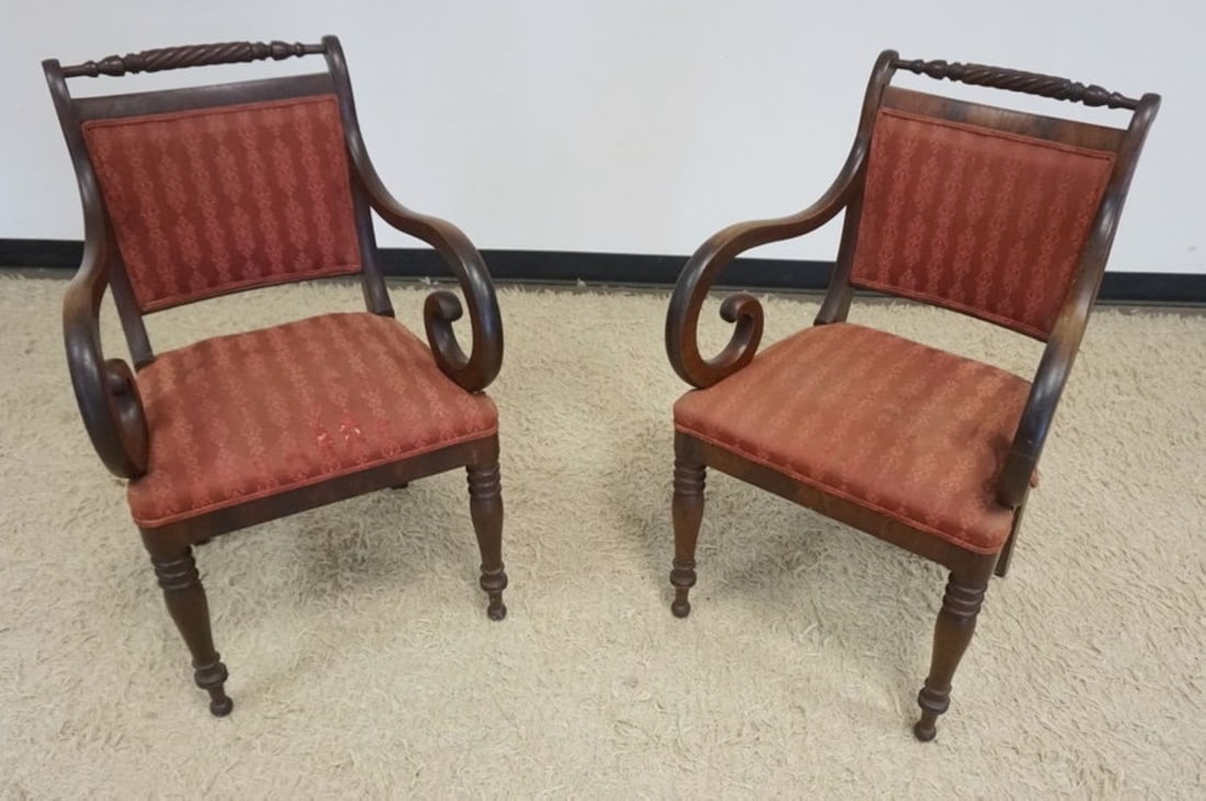 PR OF EMPIRE CHAIRS: PAIR OF EMPIRE SCROLLED ARM CHAIR WITH UPHOLSTERD SEATS AND BACKS, SOME VENEER LOSS TO SIDE, EACH APPROXIMATELY 22 IN X 20 IN X 30 IN H