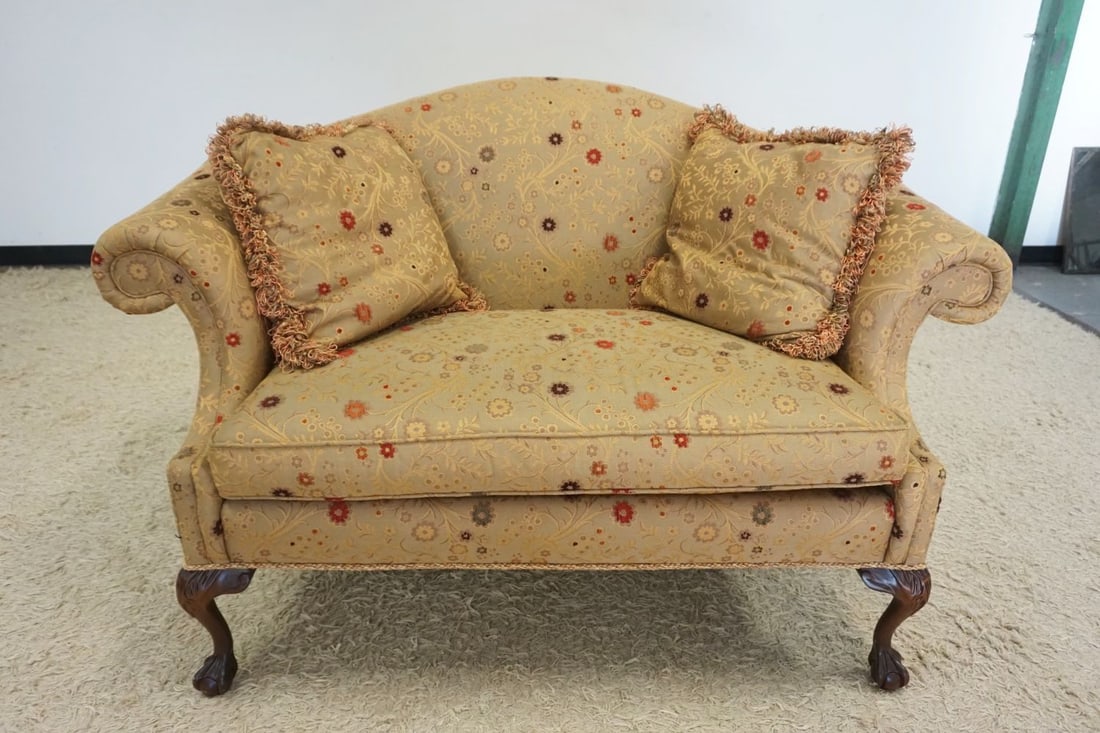 SHERRILL UPHOLSTERED LOVE SEAT: SHERRILL UPHOLSTERED LOVE SEAT WITH CRAVED BALL AND CLAW FOOT LEGS, APPROXIMATELY 60 IN X 33 IN X 38 IN H