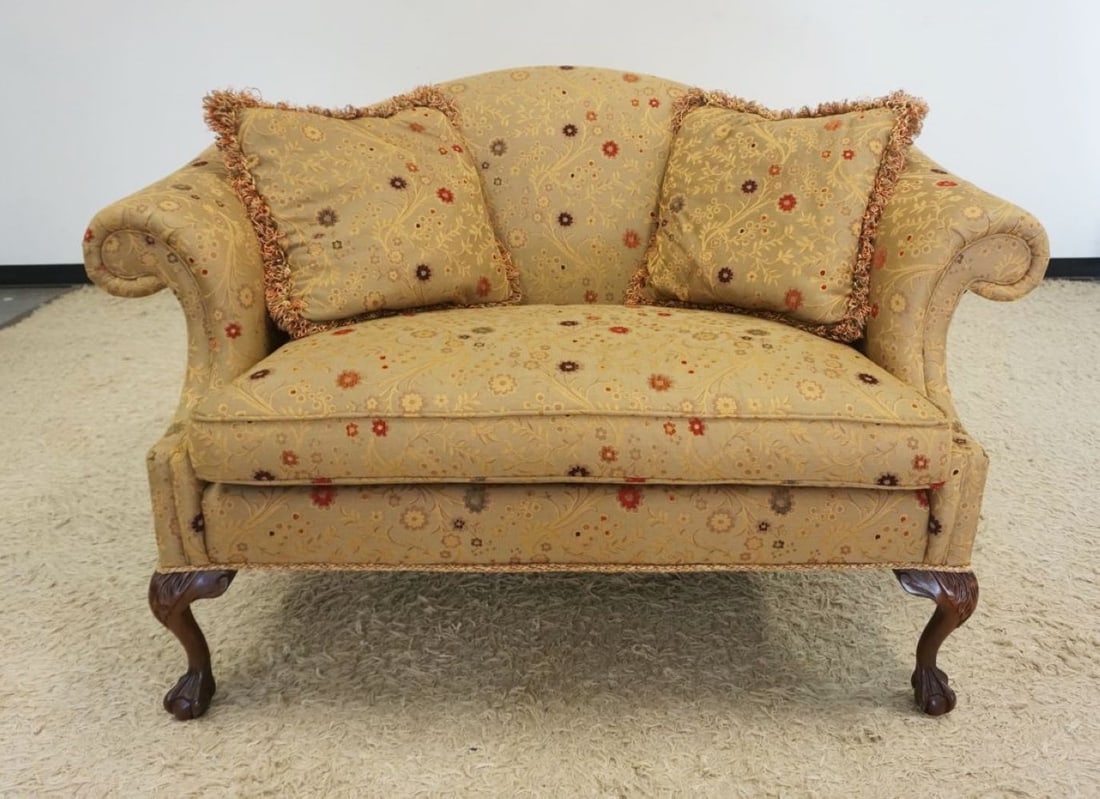 SHERRILL UPHOLSTERED LOVE SEAT: SHERRILL UPHOLSTERED LOVE SEAT WITH CRAVED BALL AND CLAW FOOT LEGS, APPROXIMATELY 60 IN X 33 IN X 38 IN H