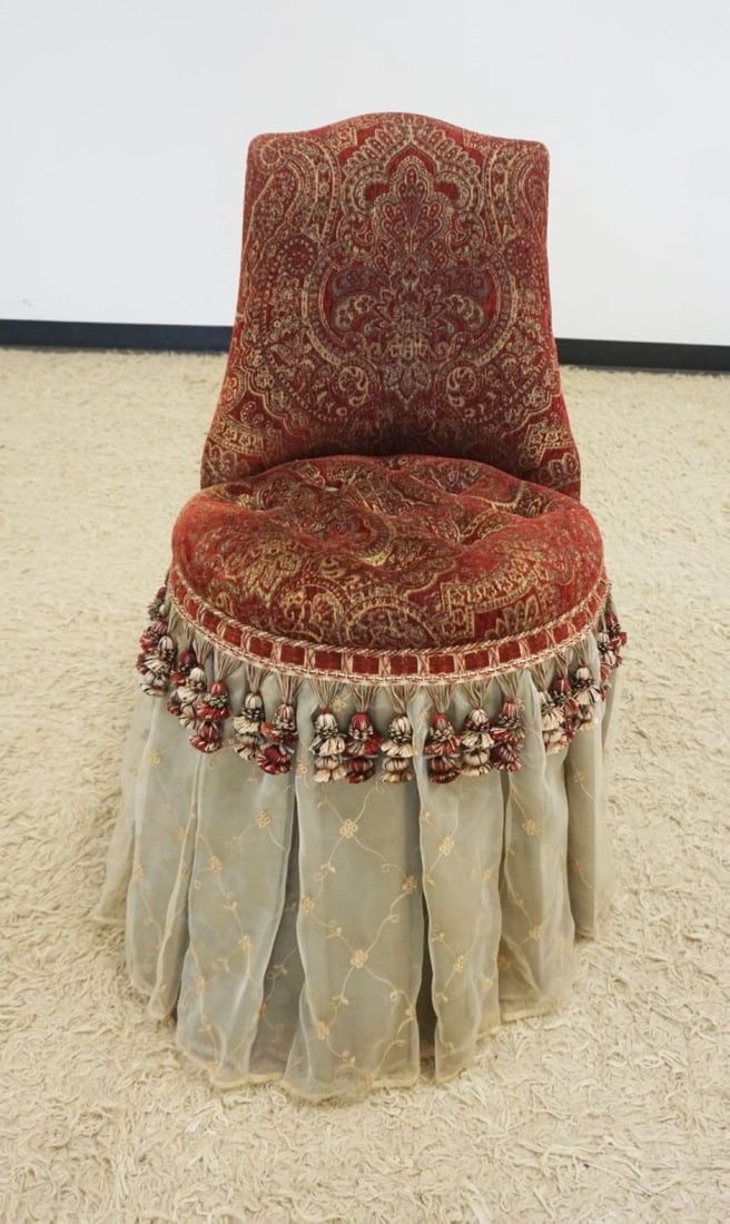 UPHOLSTERED BOUDOUIR CHAIR: UPHOLSTERED BOUDIOR CHAIR WITH TUFTED SEAT, APPROXIMATELY 17 IN X 18 IN X 34 IN H