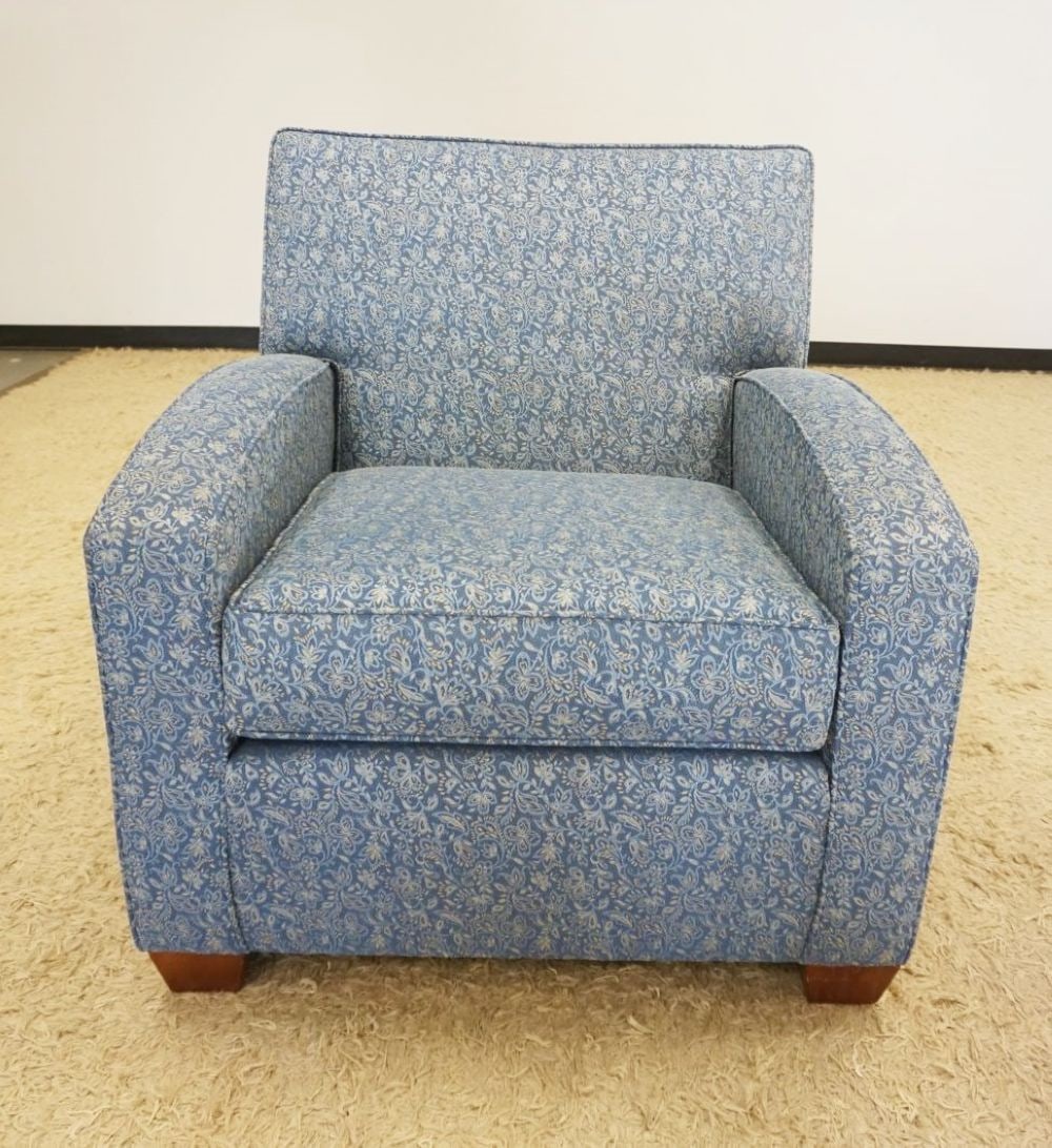 ETHAN ALLEN UPHOLSTERED ARM CHAIR: ETHAN ALLEN HOME INTERIORS UPHOLSTERED ARM CHAIR, APPROXIMATELY 32 IN X 35 IN X 35 IN H