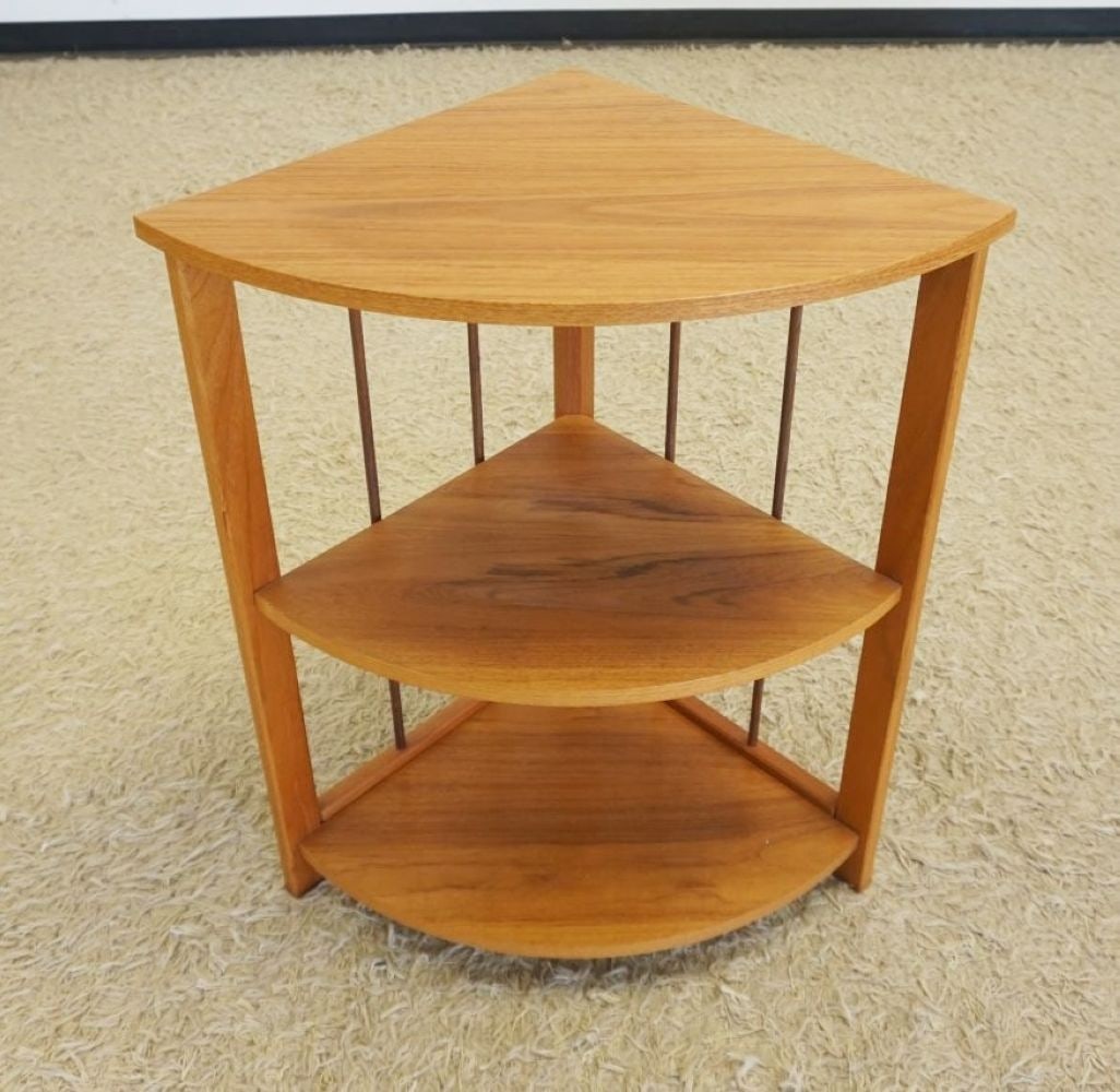 DANISH CORNER SHELF: DANISH CORNER SHELF, APPROXIMATELY 25 IN X 18 IN X 30 IN H