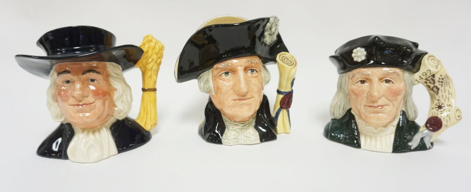 ROYAL DOULTON CHARACTER TOBY JUGS: ROYAL DOULTON CHARACTER TOBY JUGS, MR QUAKER, GEORGE WASHINGTON, CHRISTOPHER COLUMBUS, EACH APPROXIMATELY 8 IN HIGH