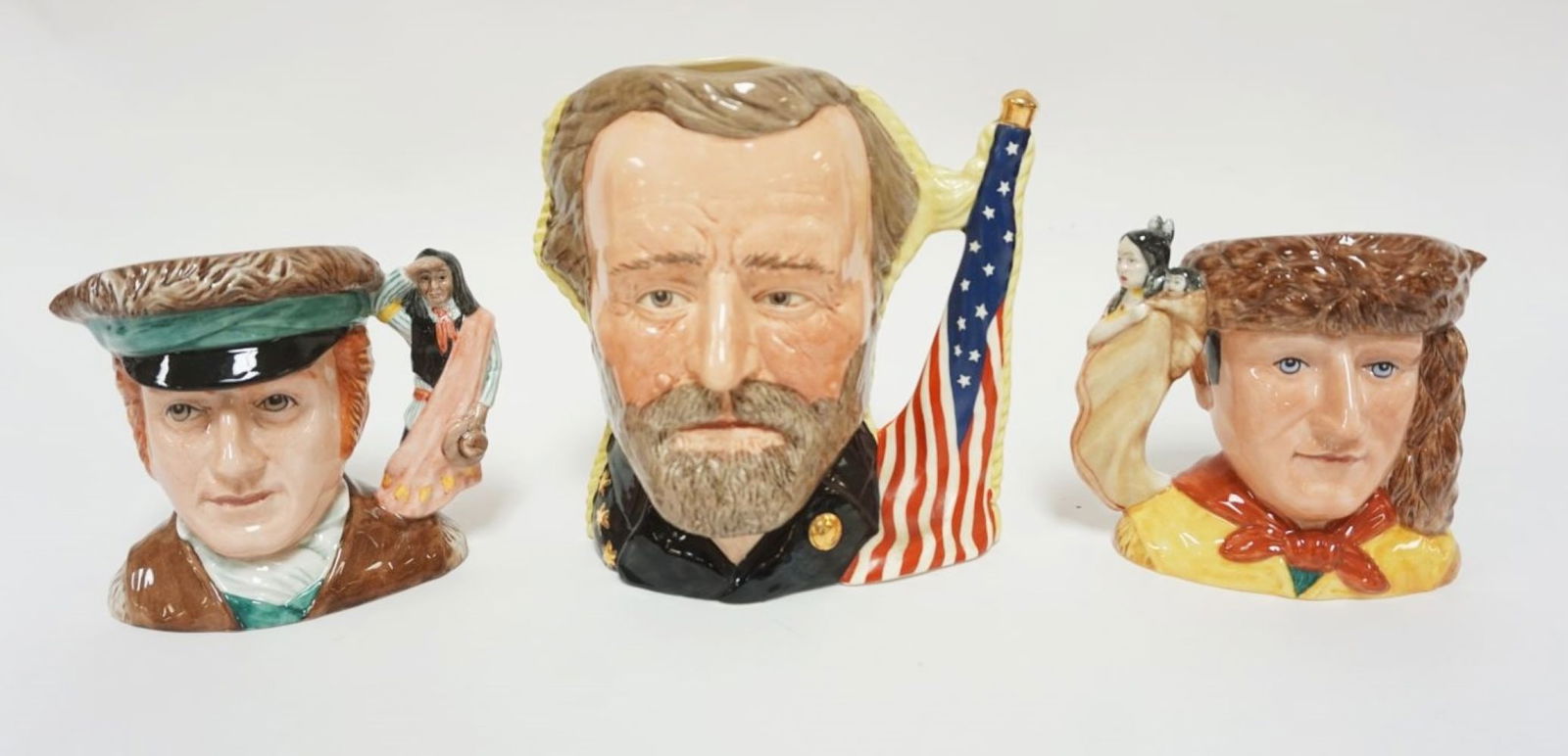 ROYAL DOULTON CHARACTER TOBY JUGS: ROYAL DOULTON CHARACTER TOBY JUGS, WILLIAM CLARK, THE ANTAGONIST COLLECTION CIVIL WAR, US GRANT, ROBERT E LEE & MERIWETHER LEWIS, TALLEST APPROXIMATELY 8 IN HIGH