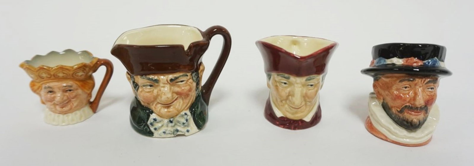 ROYAL DOULTON CHARACTER TOBY MINIATURE JUGS: ROYAL DOULTON CHARACTER TOBY MINIATURE JUGS, BEEFEATER, OLD CHARLEY, OLD KING COLE, OLD CHARLEY, EACH APPROXIMATELY 2 1/2 IN HIGH