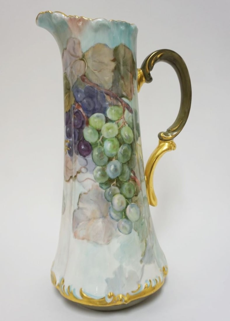 LARGE HAND PAINTED GRAPE CLUSTERS TANKARD: LARGE HAND PAINTED GRAPE CLUSTERS TV FRANCE TANKARD, GREEN, PURPLE & RED GRAPES ON VINES AND GILT PAINTED DRAGON, APPROXIMATELY 15 IN HIGH