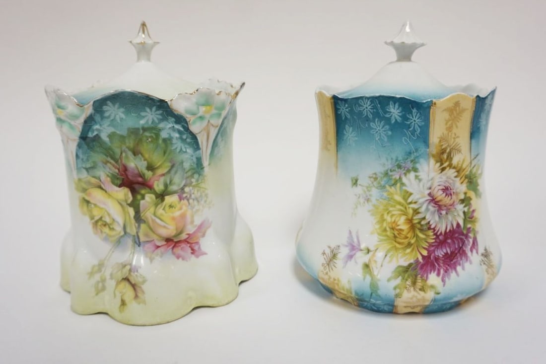 2 VICTORIAN BISCUIT JARS: 2 VICTORIAN BISCUIT JARS EACH HAVING IMAGES OF FLOWERS, APPROXIMATELY 6 IN X 6 IN X 8 IN