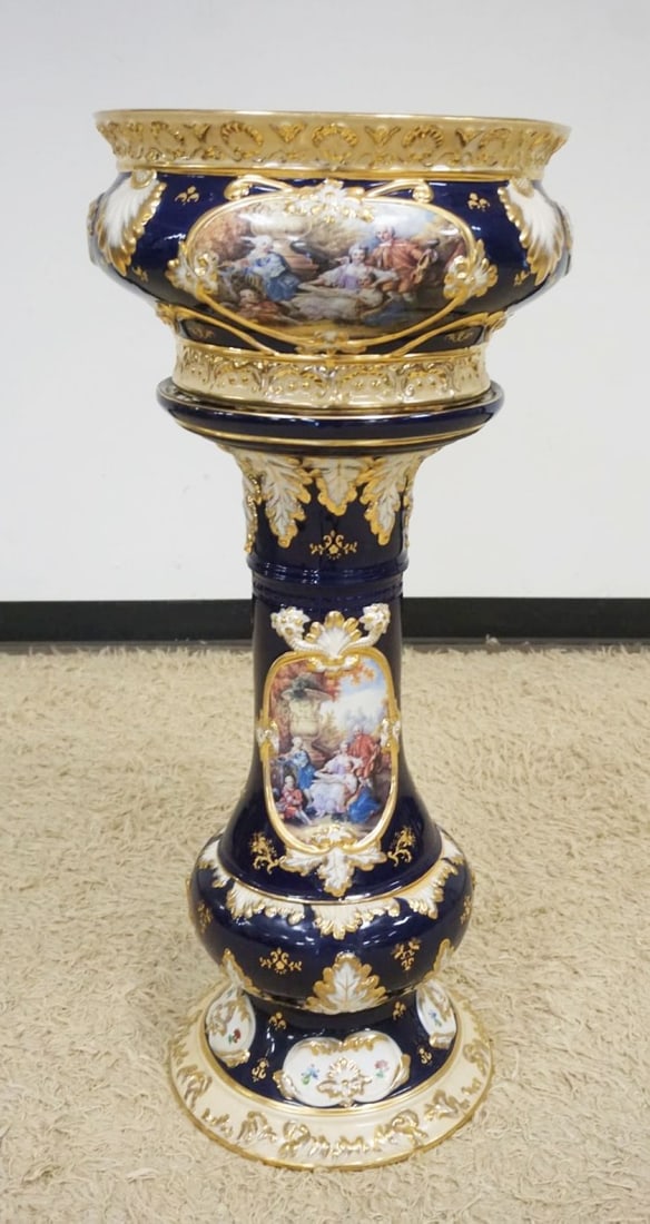 PORCELAIN POT & PEDESTAL: PORCELAIN POT & PEDESTAL W/EMBOSSED SHELLS & IMAGES OF COURTING SCENES, GILT ACCENTED & TRIM, KOI FISH INTERIOR, APPROXIMATELY 17 IN X 39 IN HIGH