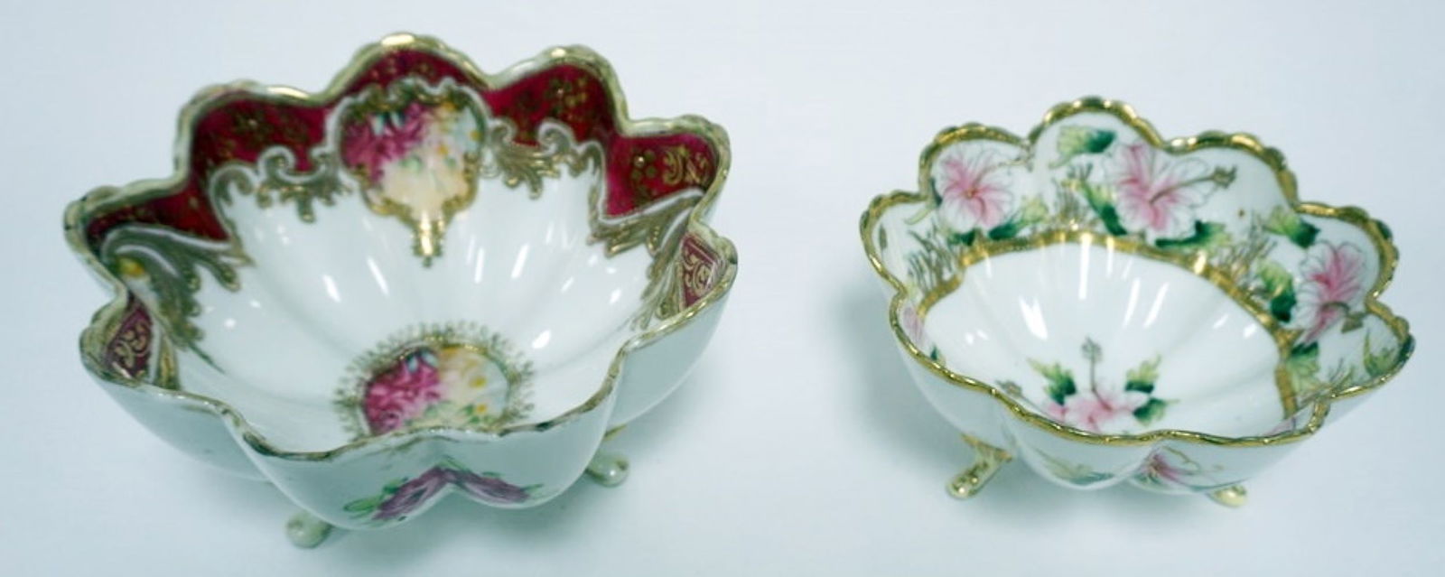 2 HAND PAINTED NIPPON FOOTED BOWLS: 2 HAND PAINTED NIPPON FOOTED BOWLS W/SCALLOP EDGES, LARGEST APPROXIMATELY 7 IN X 4 IN HIGH