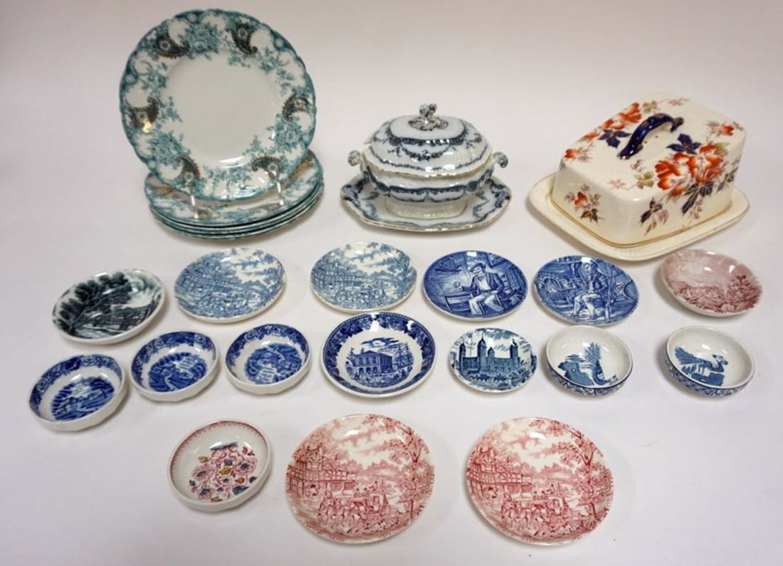 ASSORTED PORCELAIN: GROUP OF ASSORTED PORCELAIN INCLUDING COVERED CHEESE DISH, MINIATURE TUREEN, BLUE WEDGWOOD TRANFER PLATES