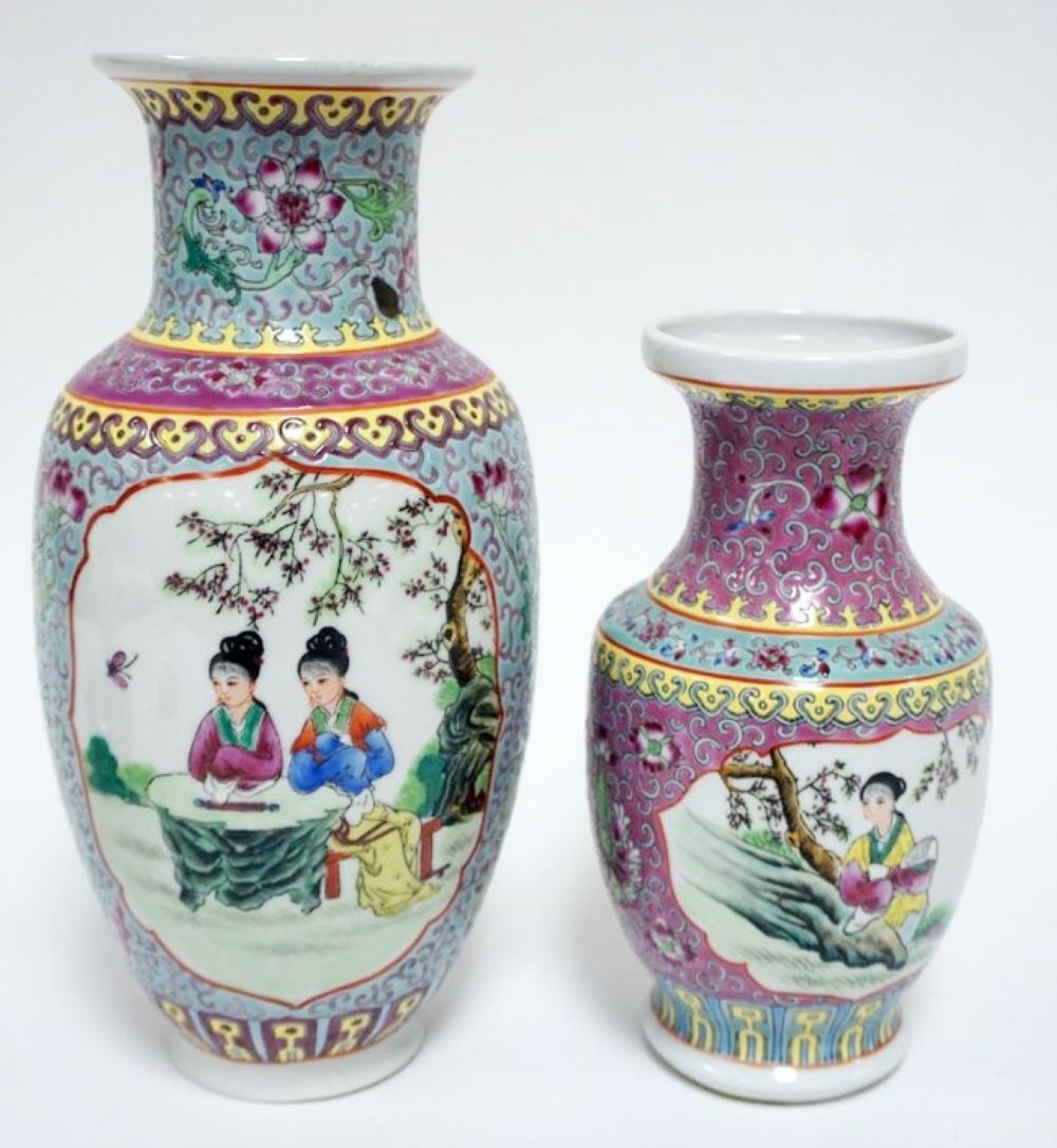 CHINESE FAMILE ROSE VASES: 2 CHINESE FAMILE ROSE VASES, TALLEST APPROXIMATELY 10 1/2 IN H
