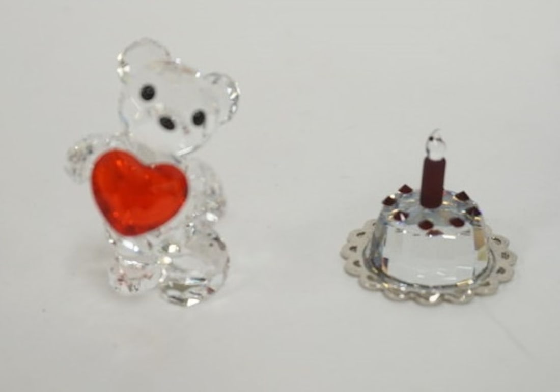 SWAROVSKI CRYSTAL HEART FOR YOU AND BIRTHDAY CAKE: SWAROVSKI CRYSTAL HEART FOR YOU AND BIRTHDAY CAKE IN BOXES, TALLEST APPROXIMATELY 3 IN H