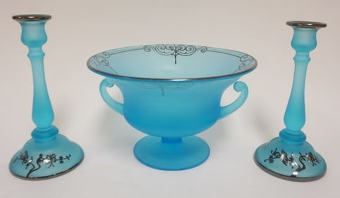 BLUE ELEGANT SATIN GLASS CONSOLE SET