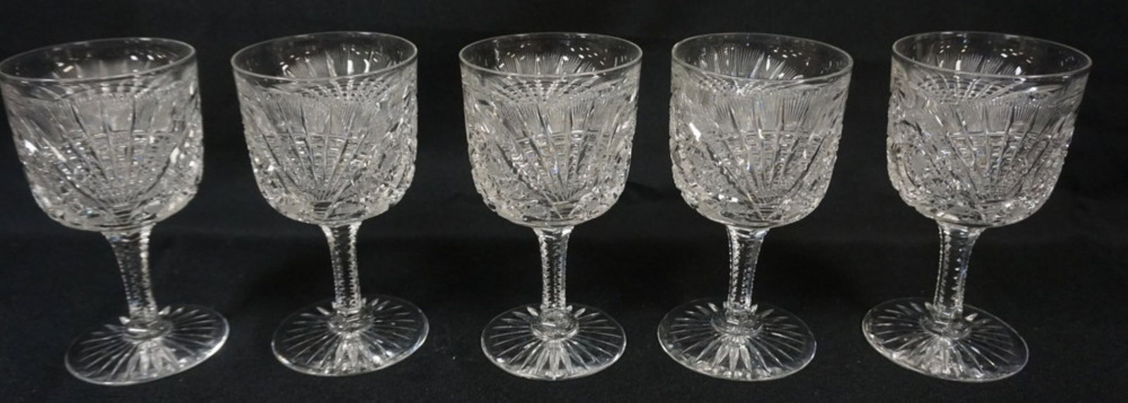 AMERICAN BRILLIANT CUT GLASS GOBLETS: AMERICAN BRILLIANT CUT GLASS GOBLETS, 5 MATCHING, APPROXIMATELY 3 3/4 IN X 6 IN