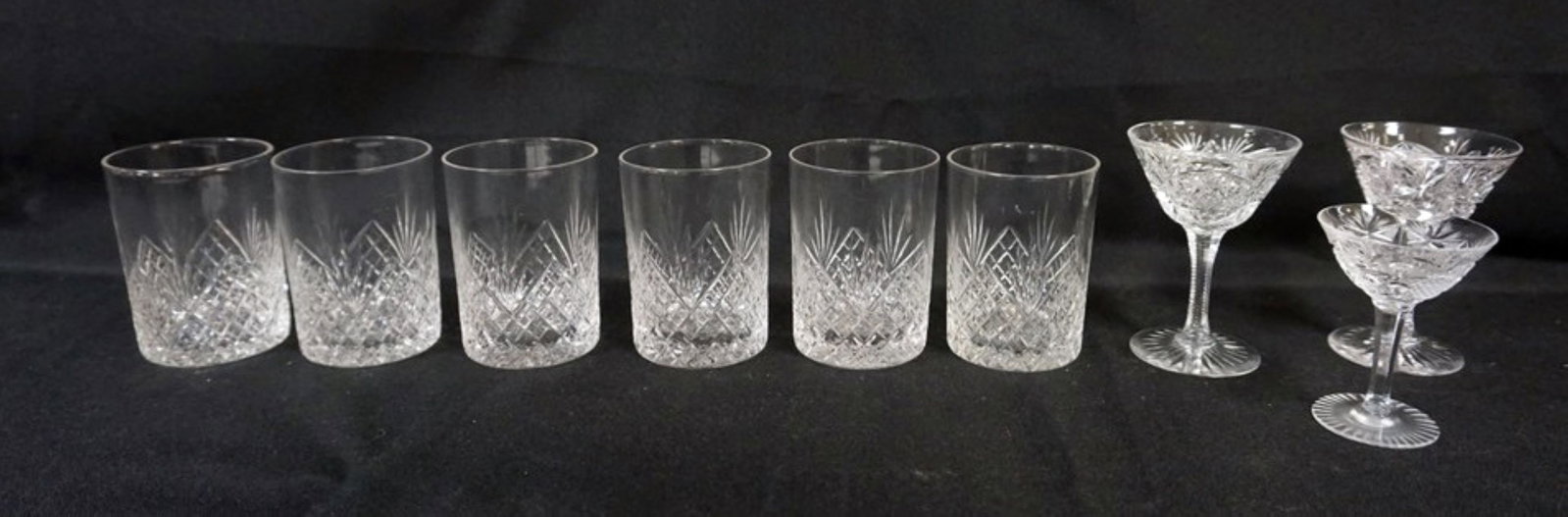 CUT GLASS TUMBLERS AND WINES: 6 CUT GLASS TUMBLERS AND 3 WINES, APPROXIMATELY 3 IN X 4 1/4 IN