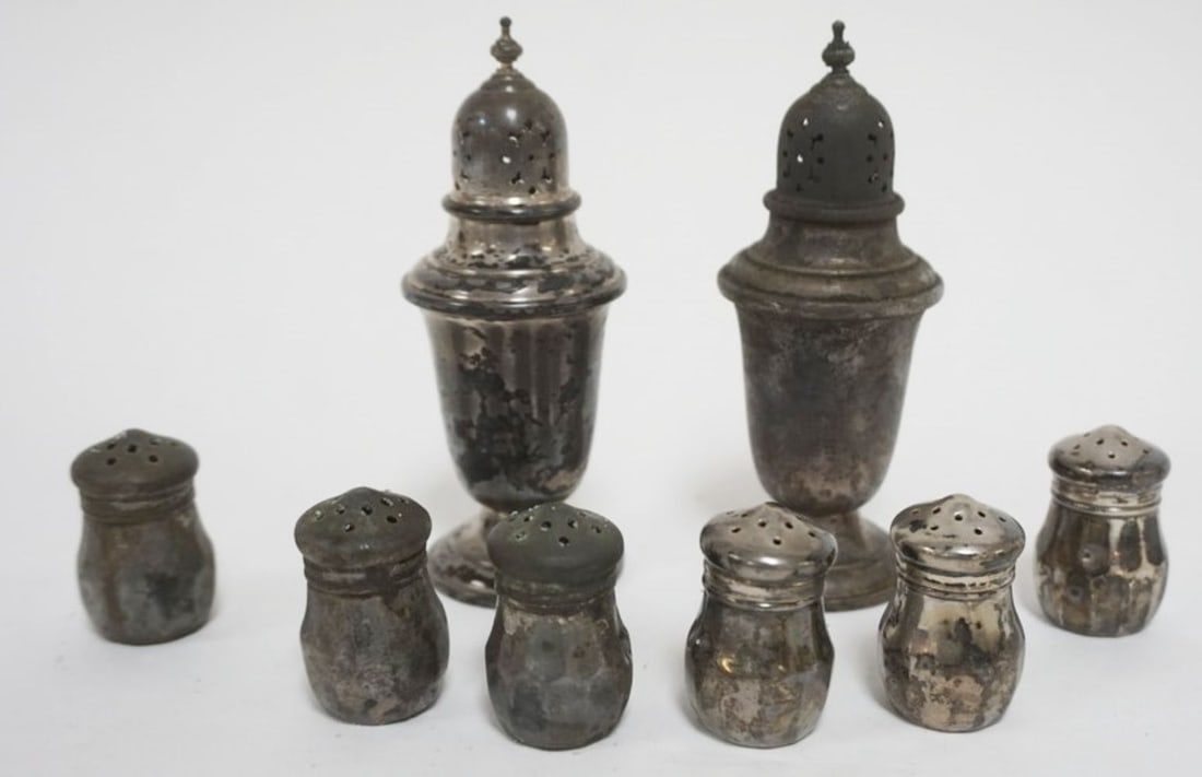 STERLING SILVER SALT & PEPPERS: STERLING SILVER SALTS & PEPPERS, 5.1 TOZ, LARGES ONES MARKED GORHAM