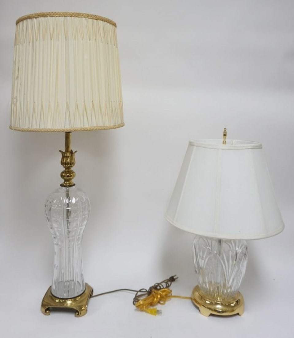 CRYSTAL TABLE LAMPS: 2 CRYSTAL TABLE LAMPS WITH BRASS BASES, TALLEST APPROXIMATELY 37 IN H , 1 MARKED CRESENT