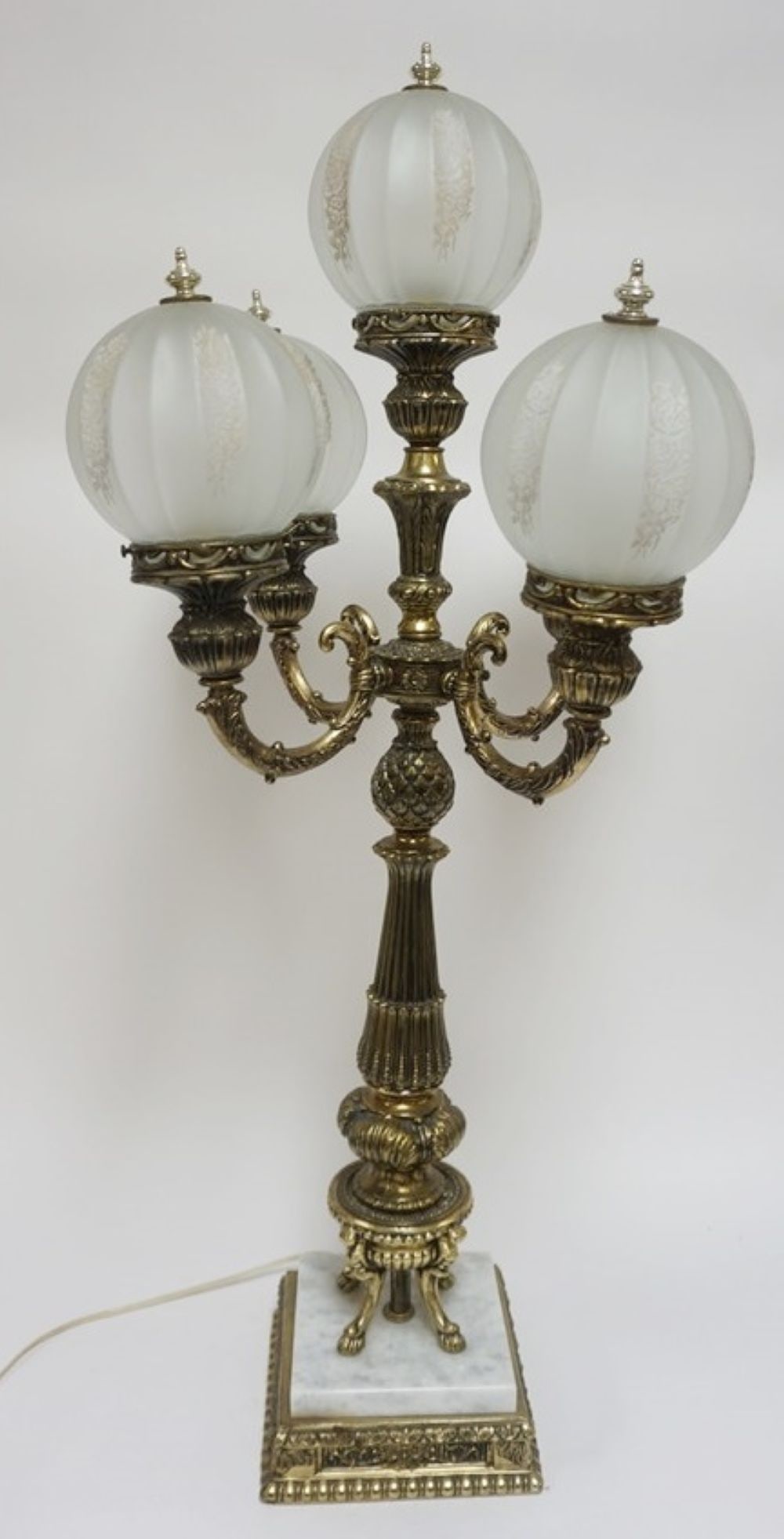 LARGE METAL COLUMN LAMP: LARGE METAL TABLE COLUMN LAMP WITH 4 ARMS HAVING 5 SATIN GLASS SHADES AND MARBLE BASE, APPROXIMATELY 41 IN H