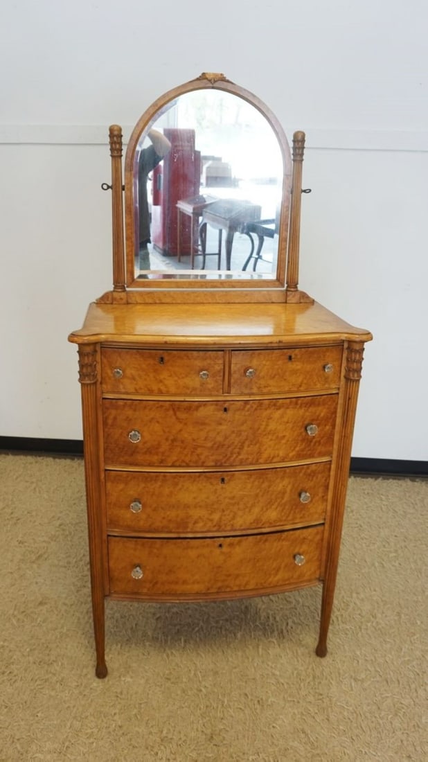 BIRDSEYE MAPLE HIGH CHEST: BIRDSEYE MAPLE 5 DRAWER HIGH CHEST WITH FLUTED COLUMN SIDES AND BEVELED EDGE MIRROR, CREST HAS LOSS, APPROXIMATELY 34 IN X 20 IN X 76 IN H