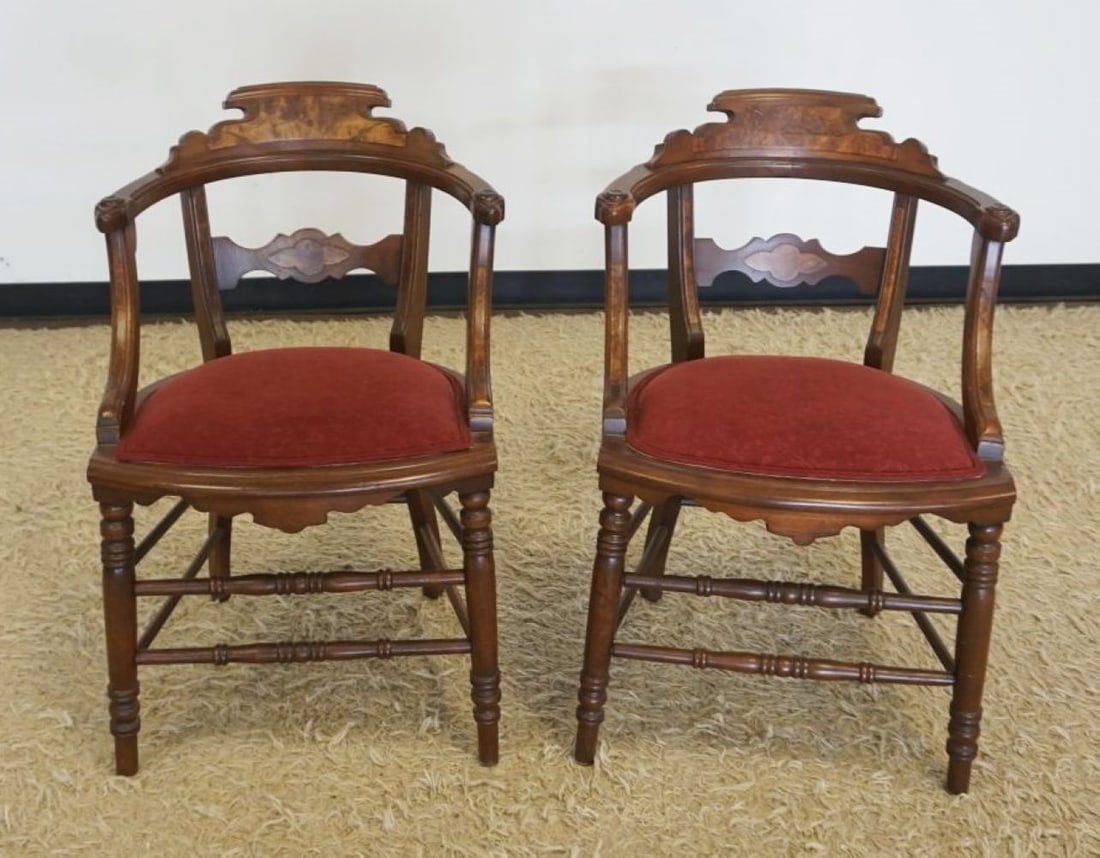 PAIR OF WALNUT VICTORIAN PARLOR CHAIRS: PAIR OF WALNUT VICTORIAN HALF ROUND PARLOR CHAIRS WITH UPHOLSTERED SEATS, EACH APPROXIMATELY 21 IN X 23 IN X 31 IN H