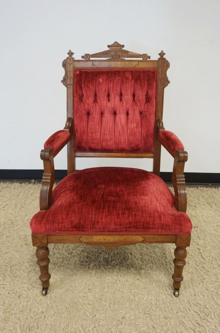 WALNUT EASTLAKE ARM CHAIR: WALNUT EASTLAKE UPHOLSTERED ARM CHAIR WITH TUFTED BACK, APPROXIMATELY 26 IN X 23 IN X 42 IN H