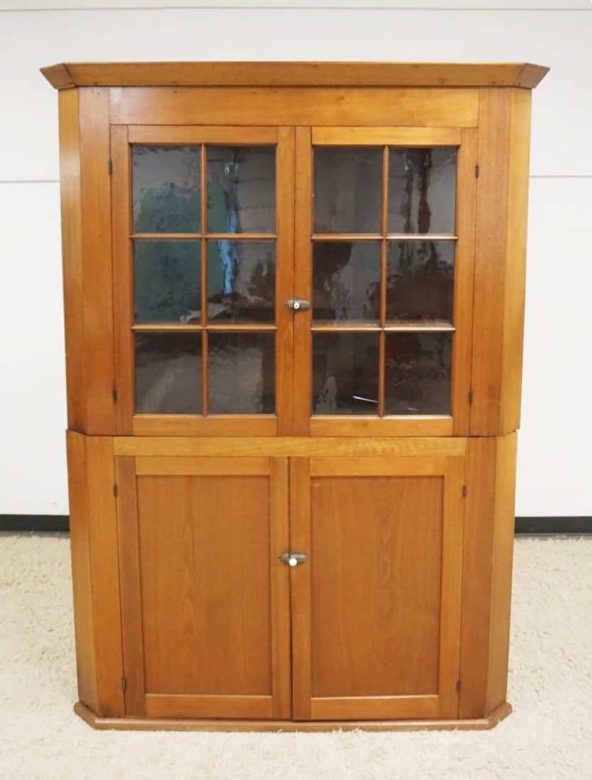 ANTIQUE WALNUT CORNER CABINET: ANTIQUE WALNUT 2 PART CORNER CABINET, APPROXIMATELY 55 IN X 24 IN X 78 IN H
