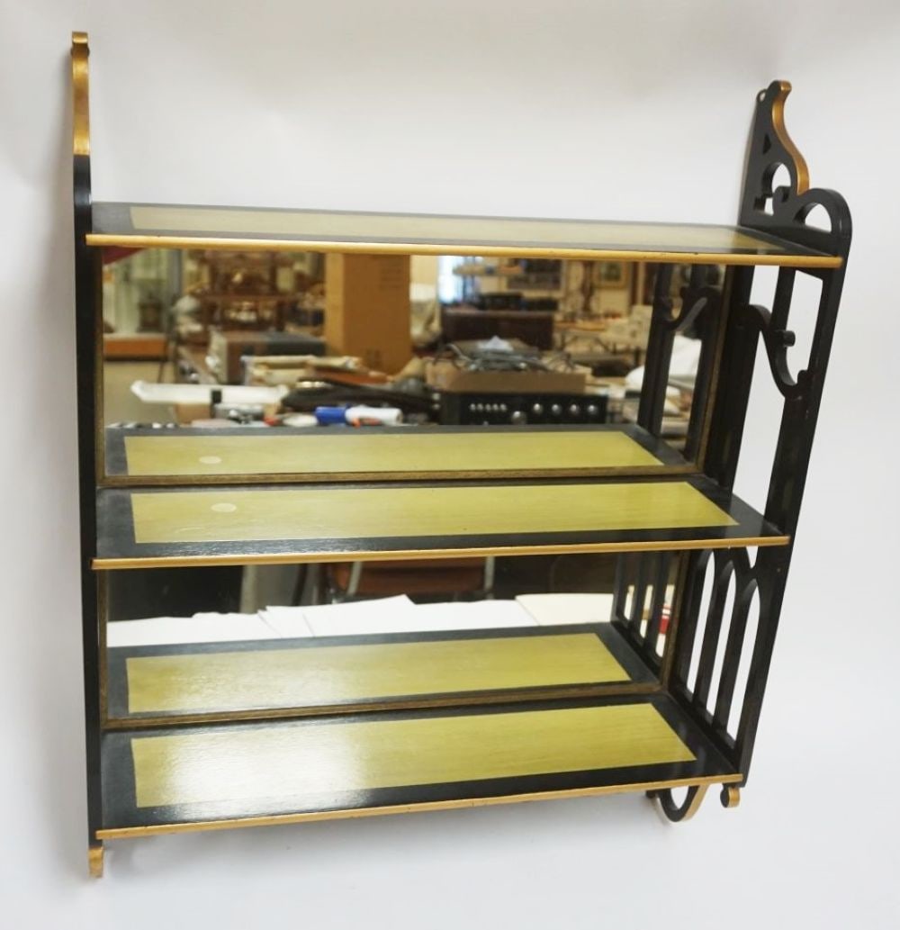 BLACK LACQUERED MIRROR BACK HANGING SHELF: BLACK LACQUERED MIRROR BACK HANGING SHELF WITH FRETWORK SIDES, APPROXIMATELY 21 IN W X 26 IN H X 6 IN D