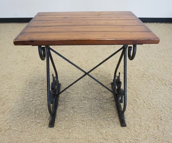 WOOD TOP STAND ON WROUGHT IRON BASE