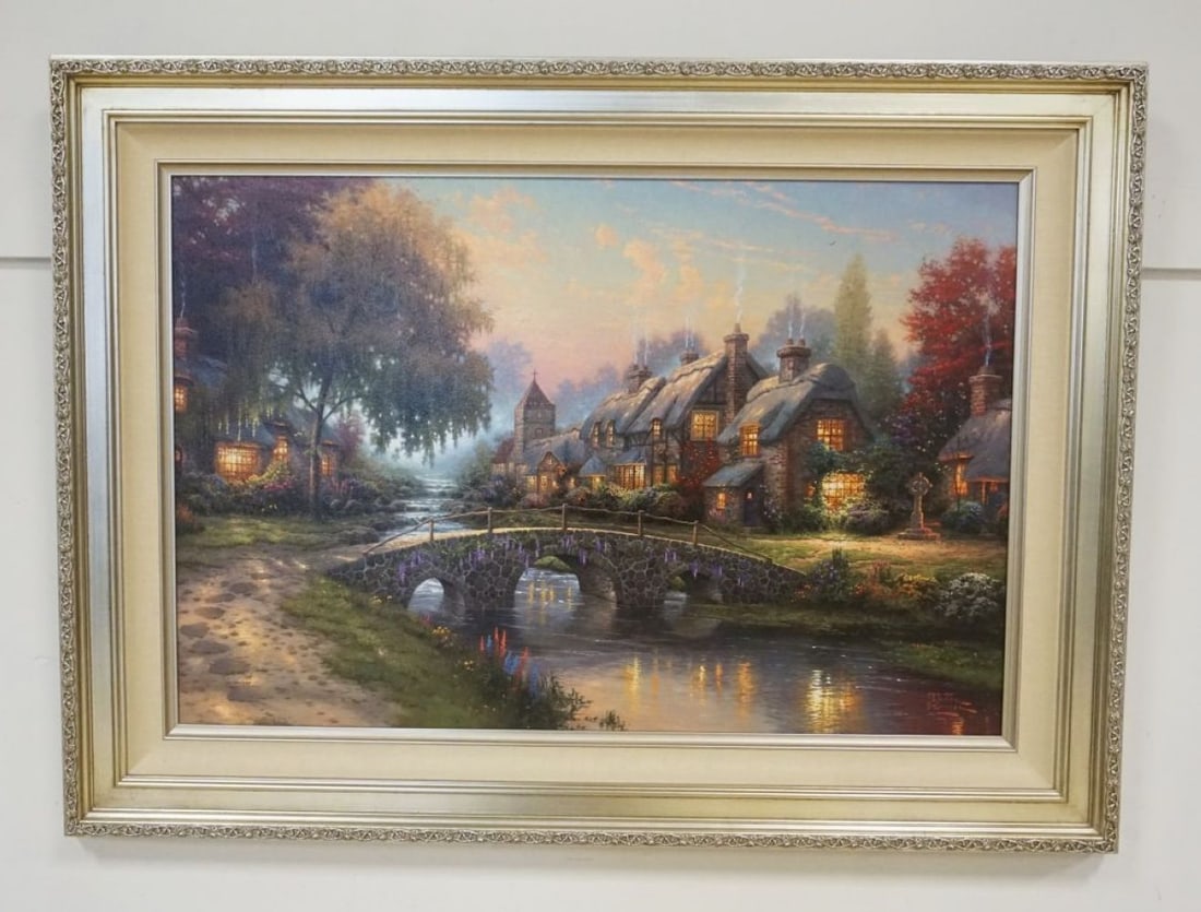 THOMAS KINKADE LITHO: THOMAS KINKADE FRAMED *COBBLESTONE BRIDGE* LITHO, SIGNED AND NUMBERED 1494/2950, APPROXMATELY 46 IN X 34 IN OVERALL