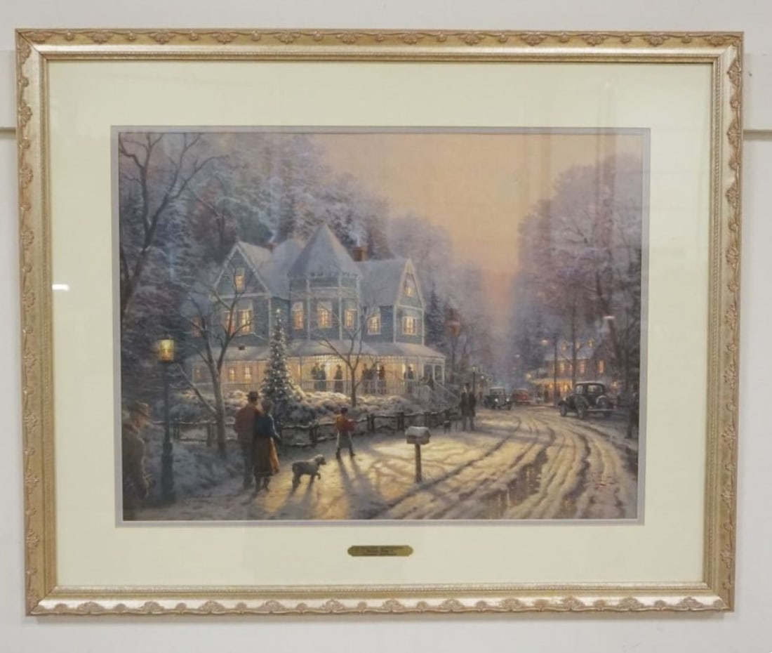 THOMAS KINKADE LITHO: THOMAS KINKADE FRAMED LITHO, ARTIST SIGNED AND NUMBERED CHRISTMAS COTTAGE IX A HOLIDAY GATHERING 1300/6850, APPROXIMATELY 33 IN X 27 IN OVERALL