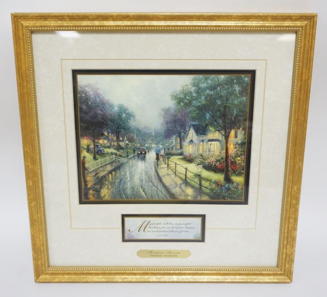 THOMAS KINKADE LITHO: THOMAS KINKADE FRAMED LITHO *HOME TOWN MEMORIES*, APPROXIMATELY 15 IN X 15 IN OVERALL