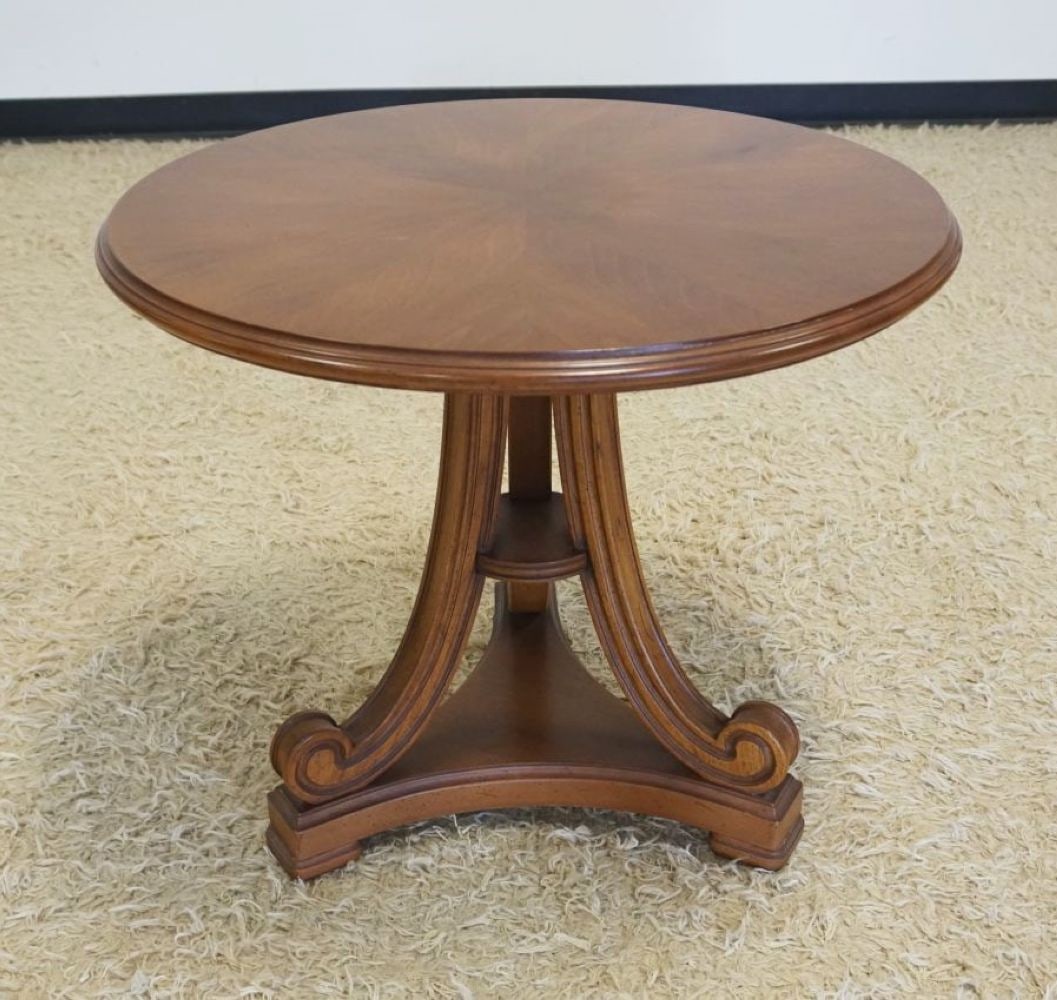 FRUITWOOD LAMP TABLE: FRUITWOOD LAMP TABLE WITH SCROLLED WOOD BASE, APPROXIMATELY 26 IN X 23 IN H