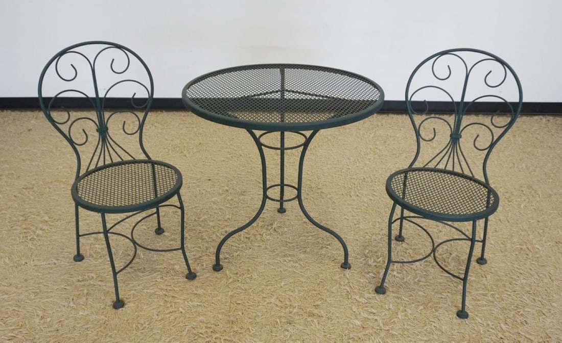 IRON 3 PIECE PATIO SUN ROOM SET: IRON 3 PIECE PATIO/SUN ROOM SET INCLUDING TABLE WITH 2 CHAIRS, TABLE APPROXIMATELY 30 IN X 30 IN, EACH CHAIR APPROXIMATELY 17 IN X 19 IN D X 36 IN H
