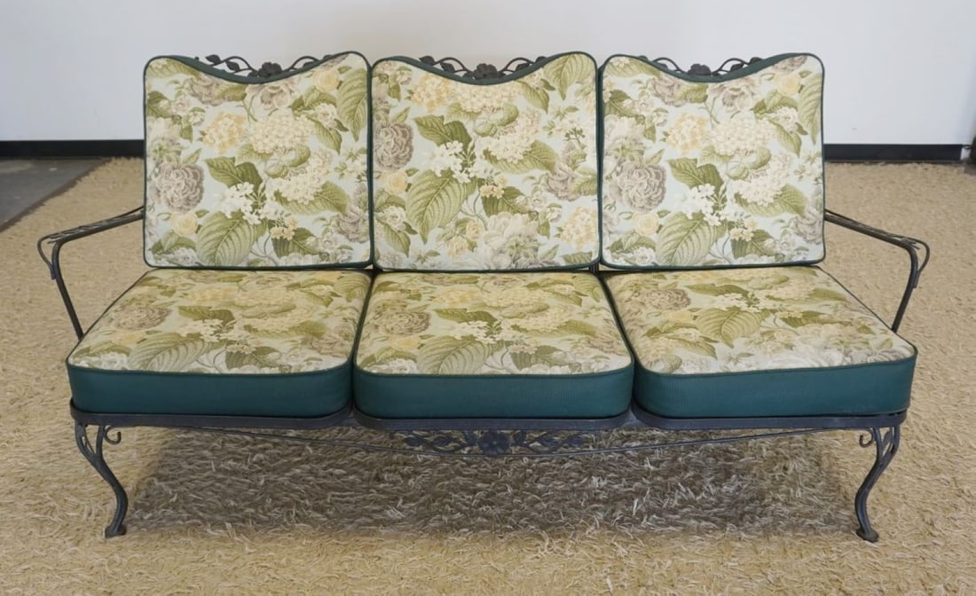 WROUGHT IRON PATIO SUN ROOM SETTEE: WROUGHT IRON PATIO/SUN ROOM SETTEE WITH FLORAL DESIGNS, APPROXIMATELY 72 IN X 30 IN X 34 IN