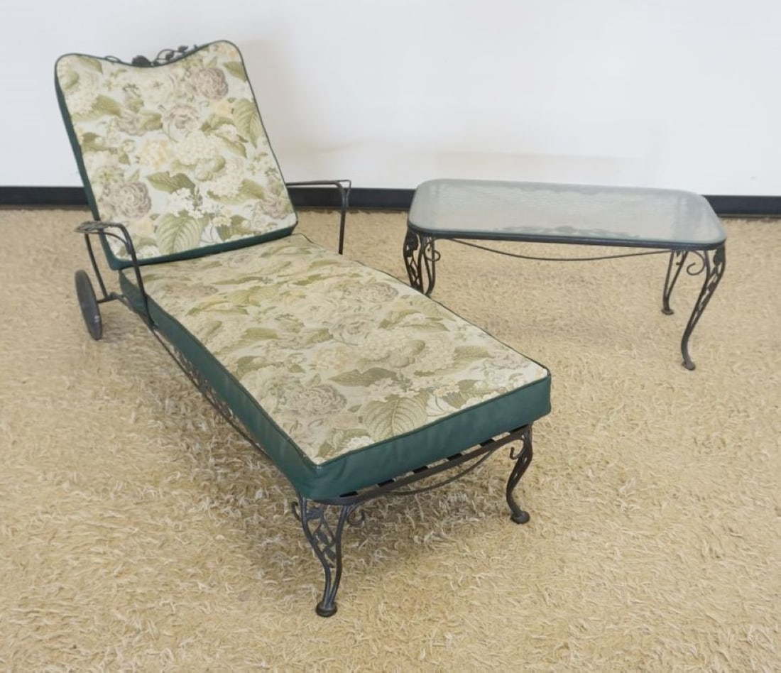 WROUGHT IRON PATIO SUN ROOM CHASE LOUNGE AND TABLE: WROUGHT IRON PATIO/SUN ROOM CHASE LOUNGE AND GLASS TOP TABLE, LOUNGE APPROXIMATELY 63 IN X 30 IN X 33 IN H, TABLE APPROXIMATELY 36 IN X 19 IN X 17 IN H