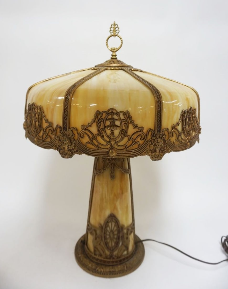 ORNATE ANTIQUE SLAG GLASS TABLE LAMP