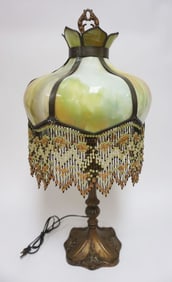 ANTIQUE ART NOUVEAU CURVED SLAG GLASS TABLE LAMP