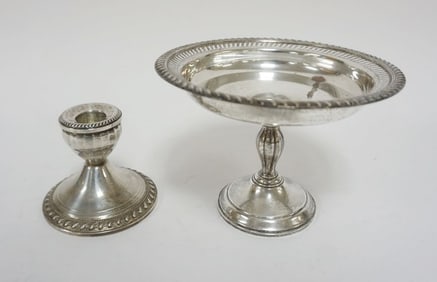 STERLING SILVER WEIGHTED COMPOTE & CANDLESTICK