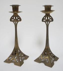 PAIR OF BRASS ART NOUVEAU CANDLESTICKS