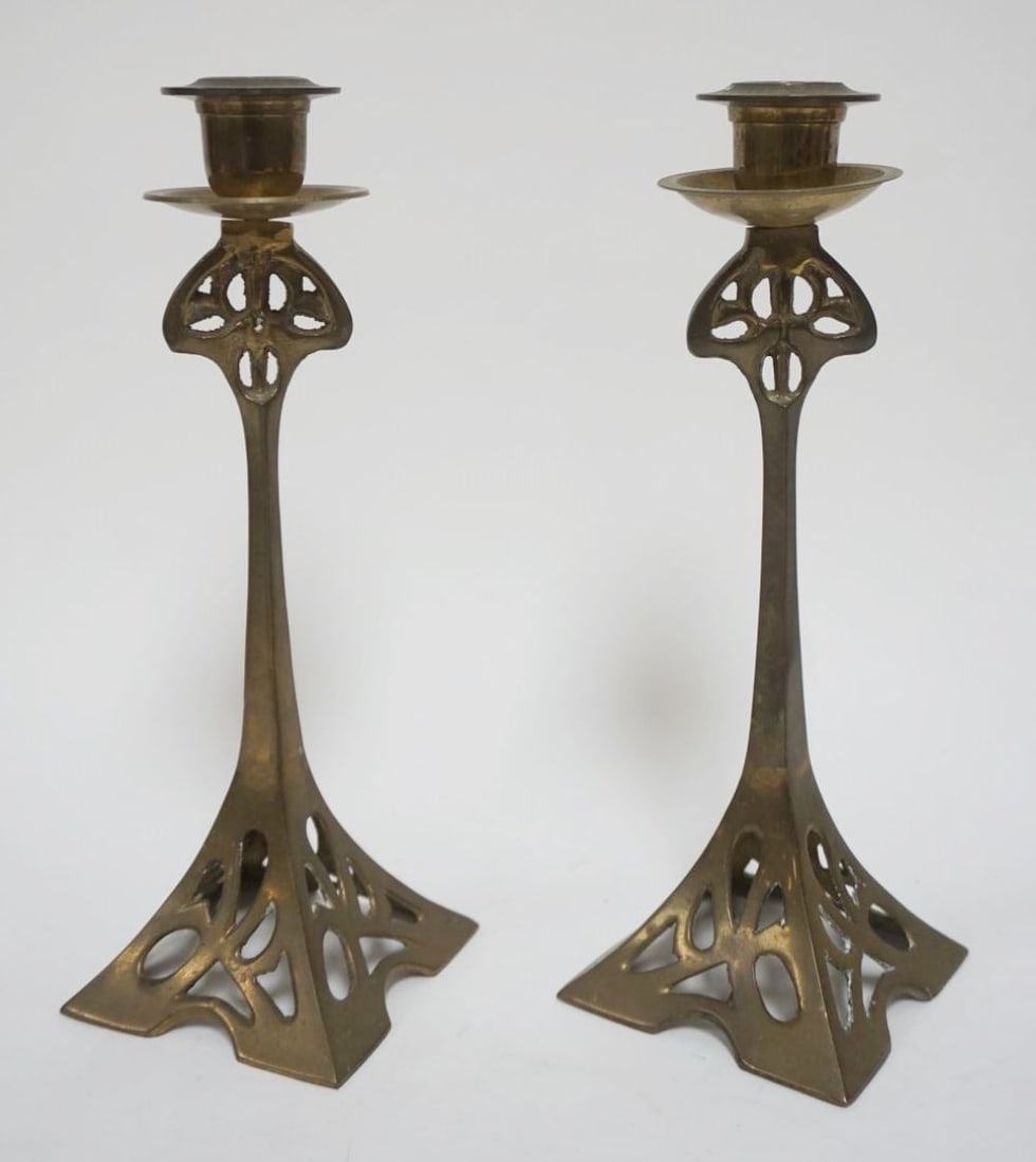 PAIR OF BRASS ART NOUVEAU CANDLESTICKS (1 of 4)