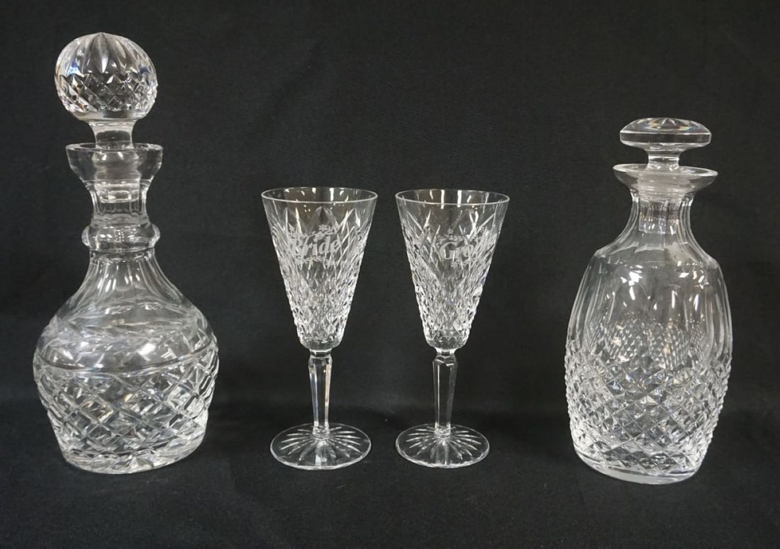 WATERFORD CRYSTAL: WATERFORD CRYSTAL DECANTORS & 2 WINE GLASSES, TALLEST PIECE APPROXIMATELY 12 IN HIGH