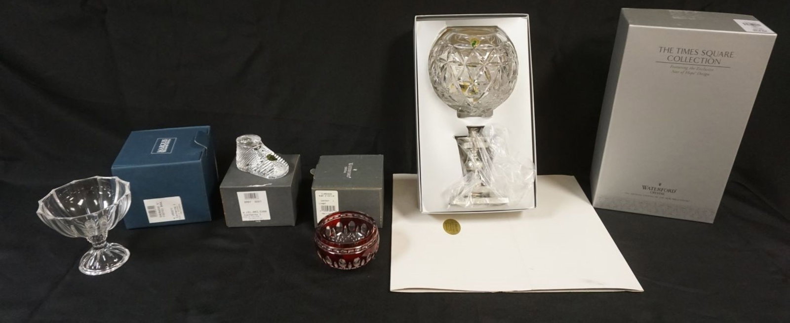 WATERFORD CRYSTAL: WATERFORD CRYSTAL STAR OF HOPE, SHERWOOD, APPROXIMATELY 5 IN, FOOTED BOWL, BABY BOOT, CLARENDON RUBY 4 IN VOTIVE