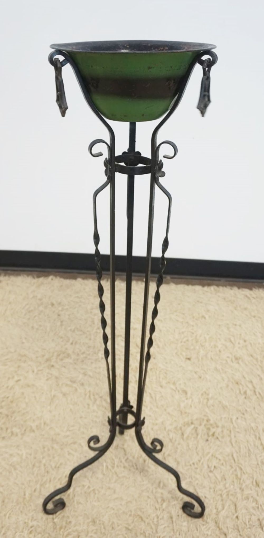 ORNATE WROUGHT METAL PLANT STAND: ORNATE WROUGHT METAL PLANT STAND WITH METAL PLANTER, APPROXIMATELY 11 IN X 43 IN H