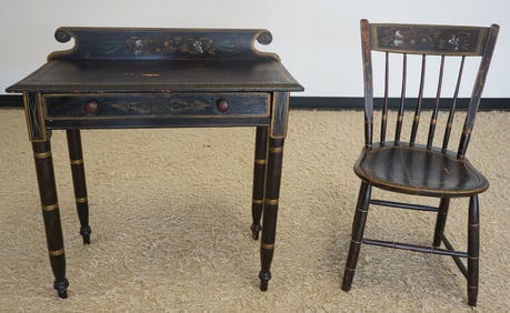 ANTIQUE COTTAGE PAINT DECORATED STAND AND CHAIR