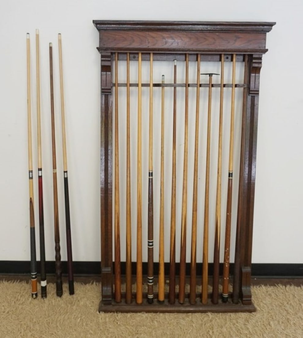 OAK POOL STICK WALL RACK AND CUE STICKS (1 of 3)