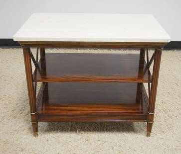 ROSEWOOD MARBLE TOP TABLE: ROSEWOOD 1 DRAWER TABLE WITH MARBLE TOP, FLUTED LEGS WITH BRASS FURRELS ON BASE, APPROXIMATELY 31 IN X 20 IN X 26 IN H