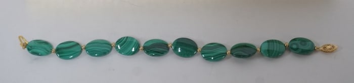 14K POLISHED MOLDAVITE? MALACHITE? BRACELET
