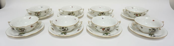HEREND ROTHSCHILD 8 BOUILLON CUPS & SAUCERS